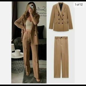 ZARA NEW CAMEL DOUBLE BREASTED BLAZER TROUSERS CO ORD SUIT SET Medium 2761/278